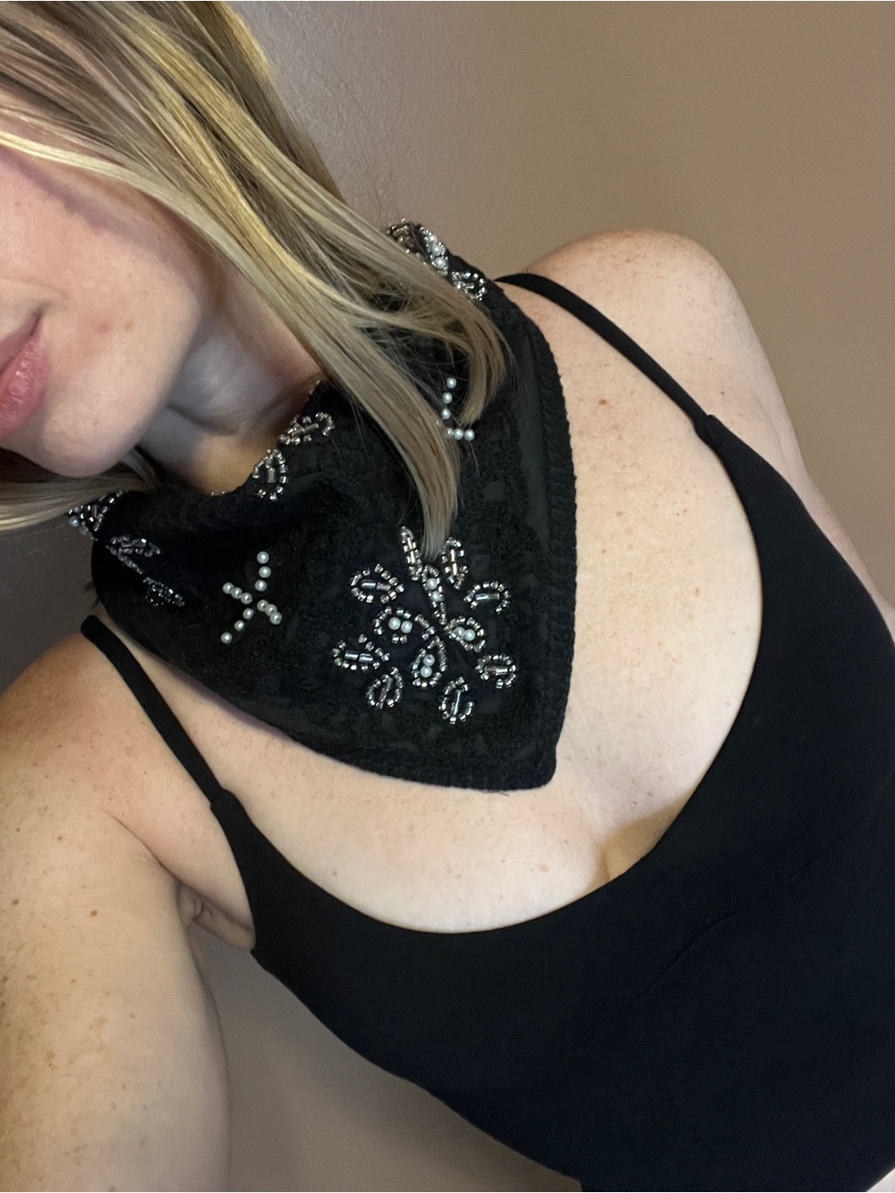 Black Beaded Embellished Bandana Scarf